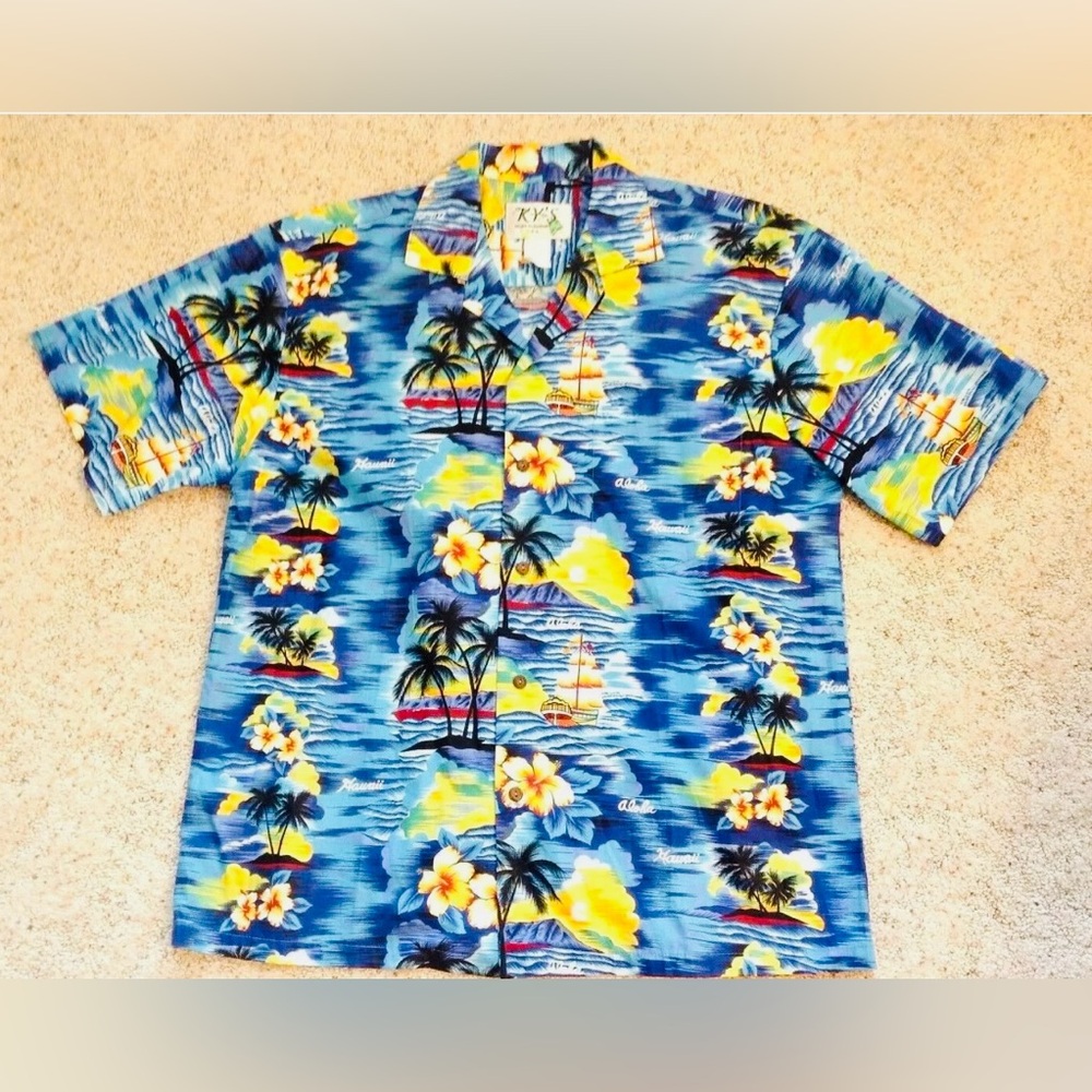 Mens Tropical Camp Shirt Size L Blue Ky's Hawaiian Palms Boats Ocean Sunset